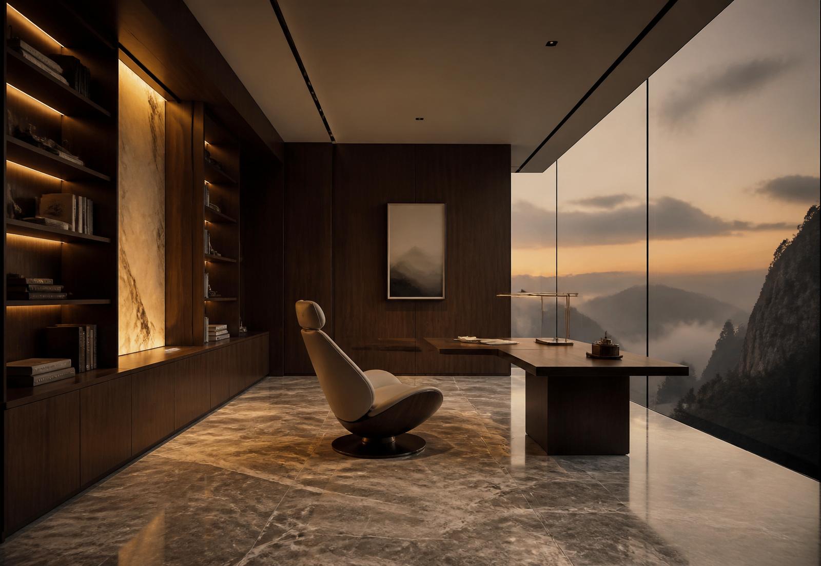 Private office overlooking a foggy mountain landscape